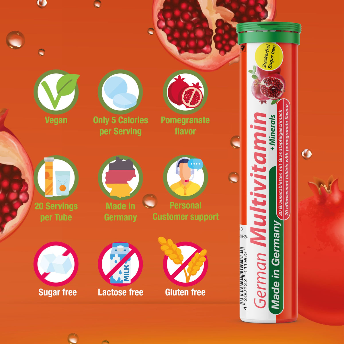 T&D German Multvitamin + Minerals 10 Vitamins 2 Minerals - 240 Vegan Drink Effervescent Tablets - Pomegranate Flavor - Made in Germany T&D buy supplements Au
