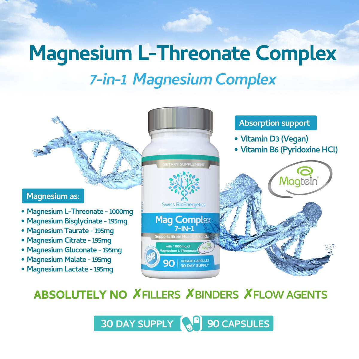 Magnesium L-Threonate Complex 7-in-1 with 1000mg of Magtein Plus Magnesium as Bisglycinate, Taurate, Citrate, Gluconate, Malate & Lactate - Supports Sleep - Vegan, US Made and No Artificial Nasties swiss bioenergetics buy supplements Au