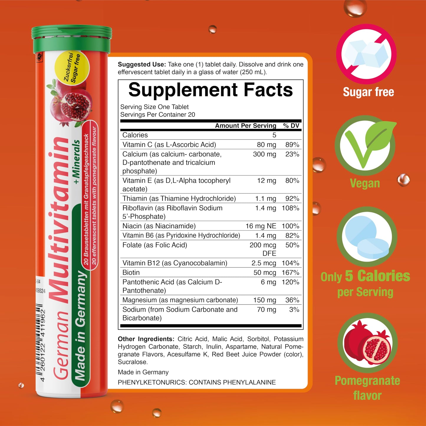 T&D German Multvitamin + Minerals 10 Vitamins 2 Minerals - 240 Vegan Drink Effervescent Tablets - Pomegranate Flavor - Made in Germany T&D buy supplements Au