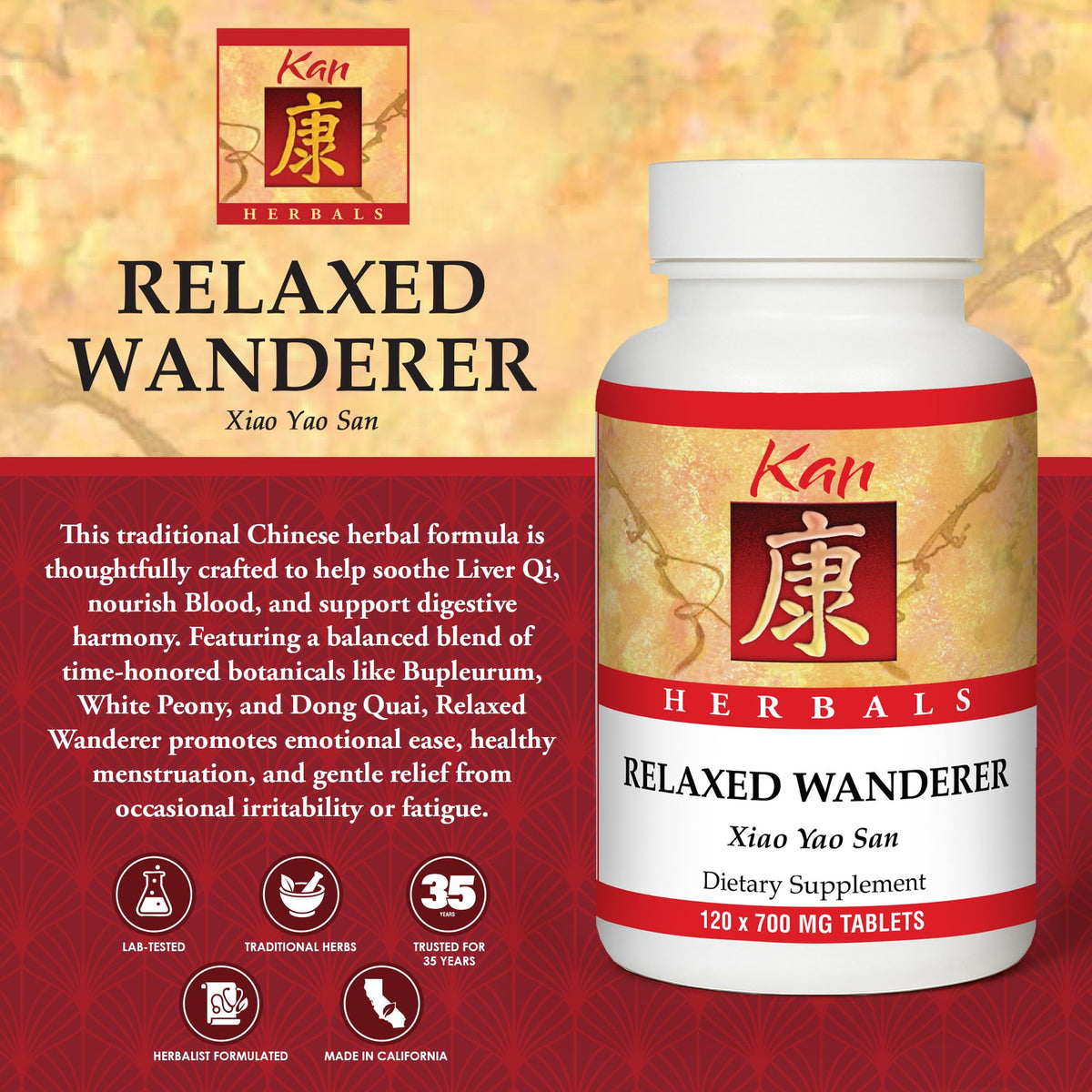 Kan Herbs Company Relaxed Wanderer – Traditional Chinese Herbal Formula to Support Mood, Digestion, and Menstrual Balance, Nourishes Blood, Eases Occasional Tension and Fatigue, 120 Tablets Kan HerbBuy Supplements Australia