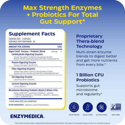 Enzymedica Digest Gold + Probiotics - Digestive Enzyme Supplement for Women & Men, Enzyme and Probiotic Capsules for Digestion, Gut Health Support, Helps Gas & Bloating, Vegetarian - 45 Caps