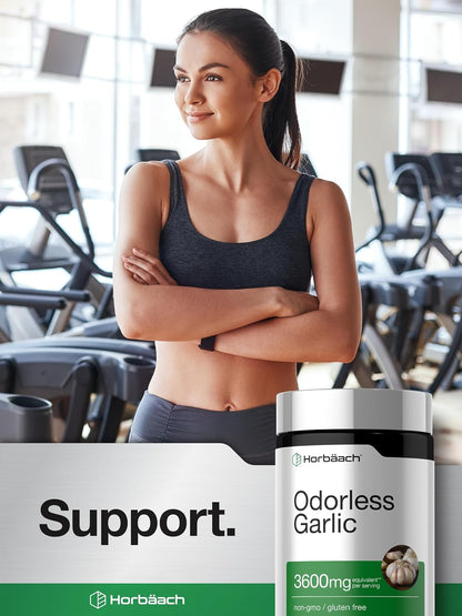Horbäach Odorless Garlic Softgel Supplement | 200 Pills | Ultra Potent Concentrated Herbal Extract | Non-GMO & Gluten Free