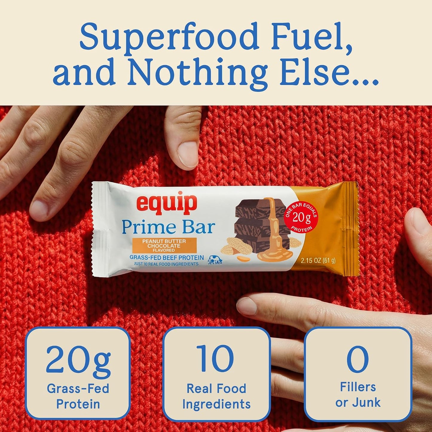 Equip Foods High Protein Prime Bars – Grass Fed Beef Protein, Collagen & Tallow – Gut Friendly, Gluten Free 20g Protein Bars - Only Real-Food Ingredients - Peanut Butter Chocolate, 12 Count
