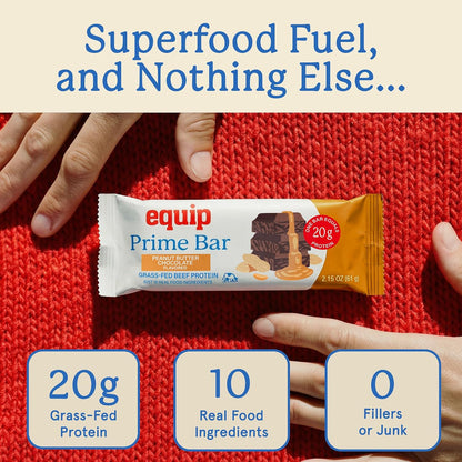 Equip Foods High Protein Prime Bars – Grass Fed Beef Protein, Collagen & Tallow – Gut Friendly, Gluten Free 20g Protein Bars - Only Real-Food Ingredients - Peanut Butter Chocolate, 12 Count