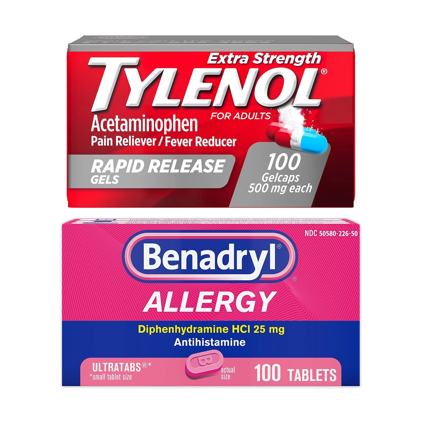 Benadryl Ultratabs Antihistamine Allergy Relief Tablets with 25 mg Diphenhydramine HCl, 100 ct and Tylenol Extra Strength Pain Reliever Rapid Release Gels with 500 mg Acetaminophen, 100 ct TylenolBuy Supplements Australia