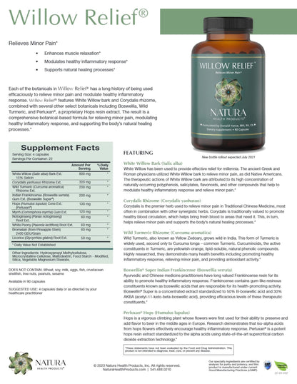 Natura Health Products Willow Relief Supplement - Enhances Muscle Relaxation - Featuring White Willow Bark, Turmeric, Boswellin Super Indian Frankincense, Corydalis Rhizome (90 Capsules) Natura Health ProductsBuy Supplements Australia