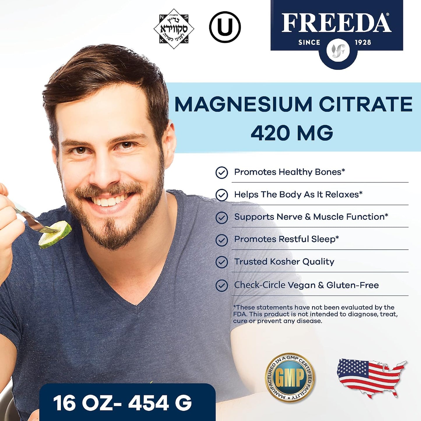 FREEDA Magnesium Citrate Powder for Bone, Joint, & Muscle Support 16 Oz | Supports Nerve Health, Relaxation, & Sleep – Kosher, Vegan, Gluten-Free, Corn-Free, Unflavored, 150 Servings, Made in USA