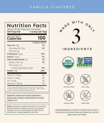 Truvani Organic Whey Protein Powder | Vanilla | 20 Servings | 20g Grass Fed Whey Protein | USDA Organic & Non-GMO | Gluten Free | No Gums, No Soy, No Stevia, No Added Sugars