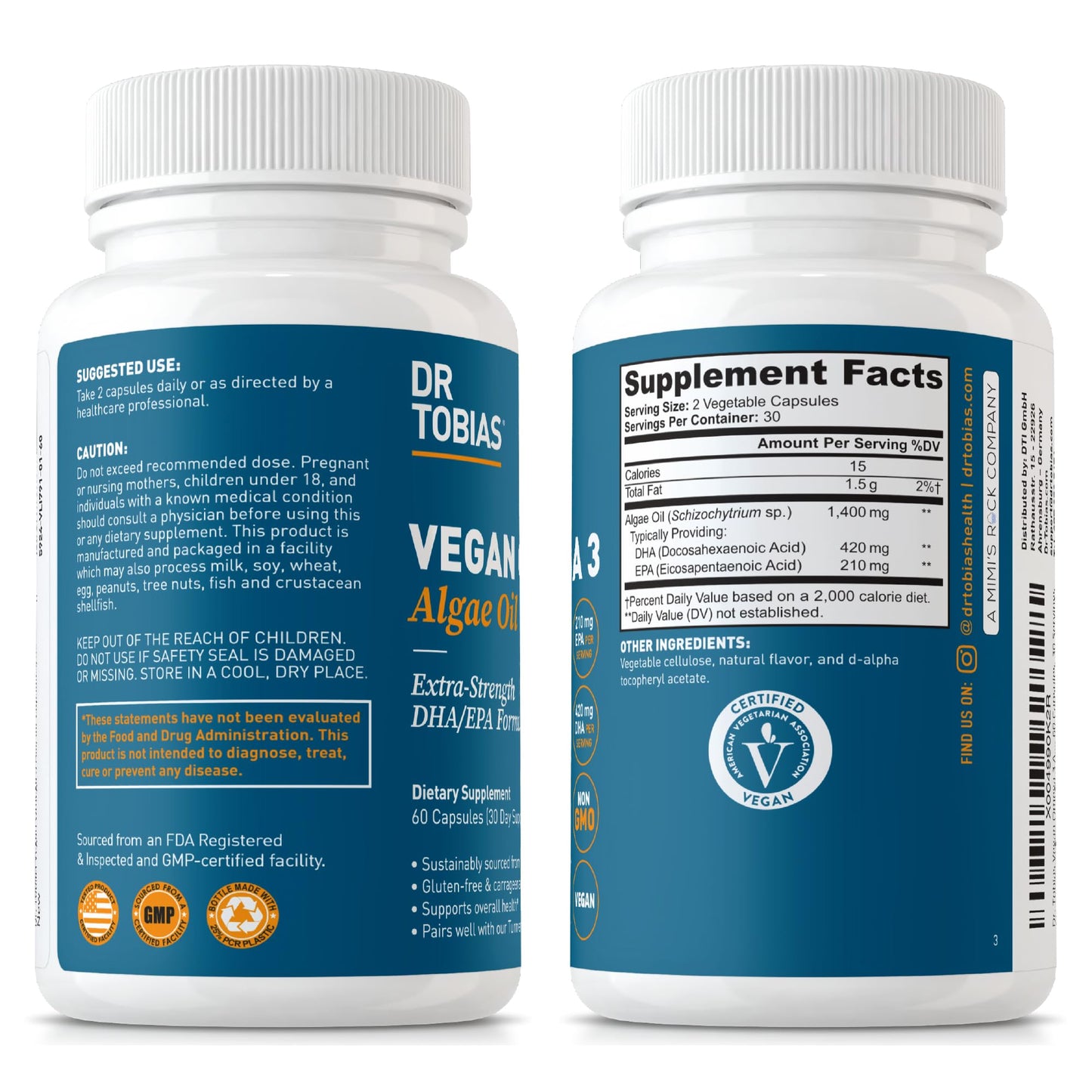 Dr. Tobias Vegan Omega 3 Algae Oil 60 Capsules | Extra-Strength DHA EPA | Plant-Based Omega 3 Supplement | Heart & Brain Support | 420 mg DHA + 210 mg EPA | Lemon Flavor | 30 Servings