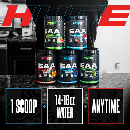 Huge EAA + Hydration, Essential Amino Acids Powder, EAAs & BCAAs, Intra & Post Workout Recovery Powder, Muscle Growth, Recovery & Performance, 10g EAAs & Electrolytes, Kiwi Blueberry, 30 Servings