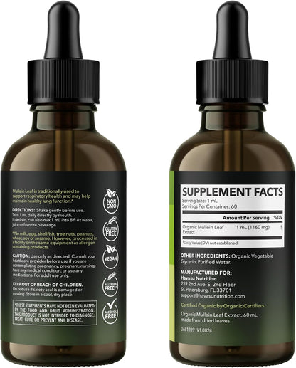 Mullein Drops for Lungs, USDA Organic Mullein Leaf Extract, 2 Fl Oz | Respiratory Health and Lung Support Supplement, 2 Fl Oz, Vegan, Non-GMO, and Alcohol Free, Herbal Tincture, 60 Servings