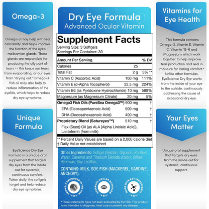 EyeScience Dry Eye Formula Omega-3 Dry Eye Supplement, 900mg | Eye Vitamins for Dry Eyes, Supports Eye Hydration, Tear Function & Daily Eye Comfort, EPA DHA Softgels for Adults