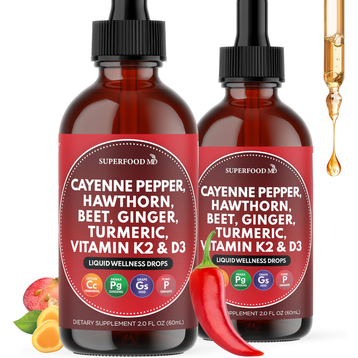 Cayenne Pepper Supplement Liquid Drops + Hawthorn Berry, Vitamin D3 K2 Beet Root Powder, Ceylon Cinnamon, Turmeric Curcumin, Organic Panax Ginseng - 4 OZ
