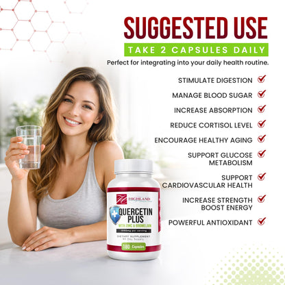Highland Health Foods Quercetin Plus Bromelain and Zinc 180 Capsules - Immune Support Supplement for Adults, Teens, Seniors - Quercetin with Bromelain for Immune Support Highland Health FoodsBuy Supplements Australia
