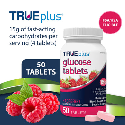 TRUEplus Glucose Tablets, Grape, Raspberry, Orange Flavors, 50 Count | Chewable Tablets, 15g Fast-Acting Carbohydrates, Fat Free, Gluten Free, Boosts Energy, Great Tasting and Easy to Use
