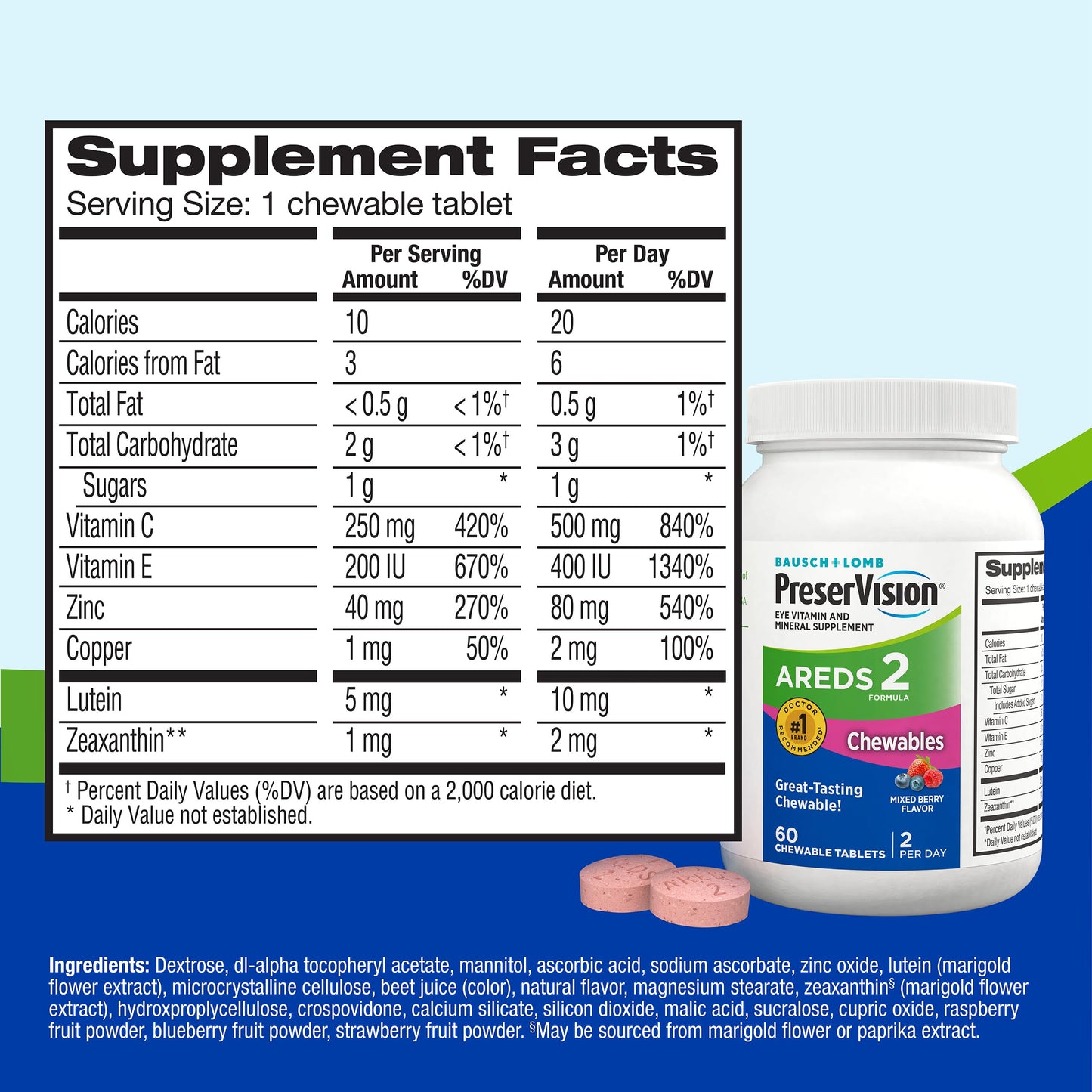 PreserVision AREDS 2 Eye Vitamins, #1 Eye Doctor Recommended Brand, Chewable Lutein and Zeaxanthin Supplement with Vitamin C, Vitamin E,Zinc, and Copper, Mixed Berry, 70 Tablets PreserVision buy supplements Au