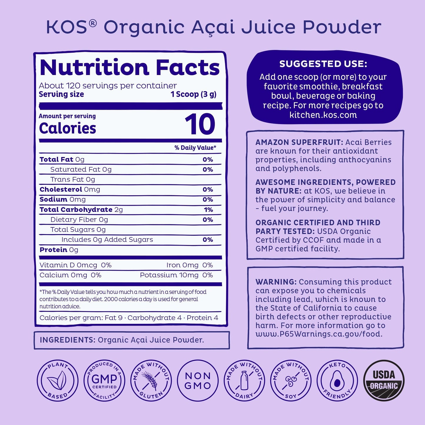 KOS Organic Acai Juice Powder - USDA Certified Organic, Plant Based Superfood Antioxidants, Superberry from Brazil, Great for Smoothies and Bowls, 0g Sugar, Vegan, Gluten-Free, Non-GMO - 120 Servings KOS buy supplements Au