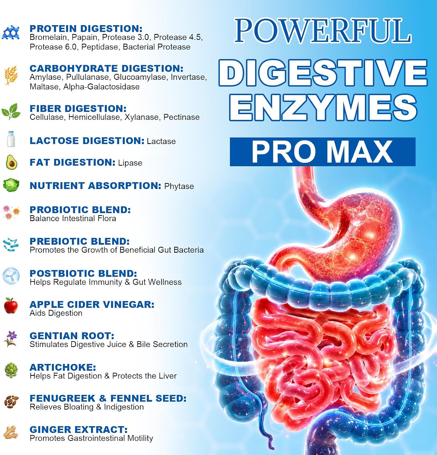 Digestive Enzymes Pro Max 1000mg, 25-in-1 with Apple Cider Vinegar, Probiotics, Prebiotics, Postbiotics, Bromelain, Papain, Lactase, Gentian, Artichoke, Ginger for Digestion, Bloating & Gut, 120 Caps