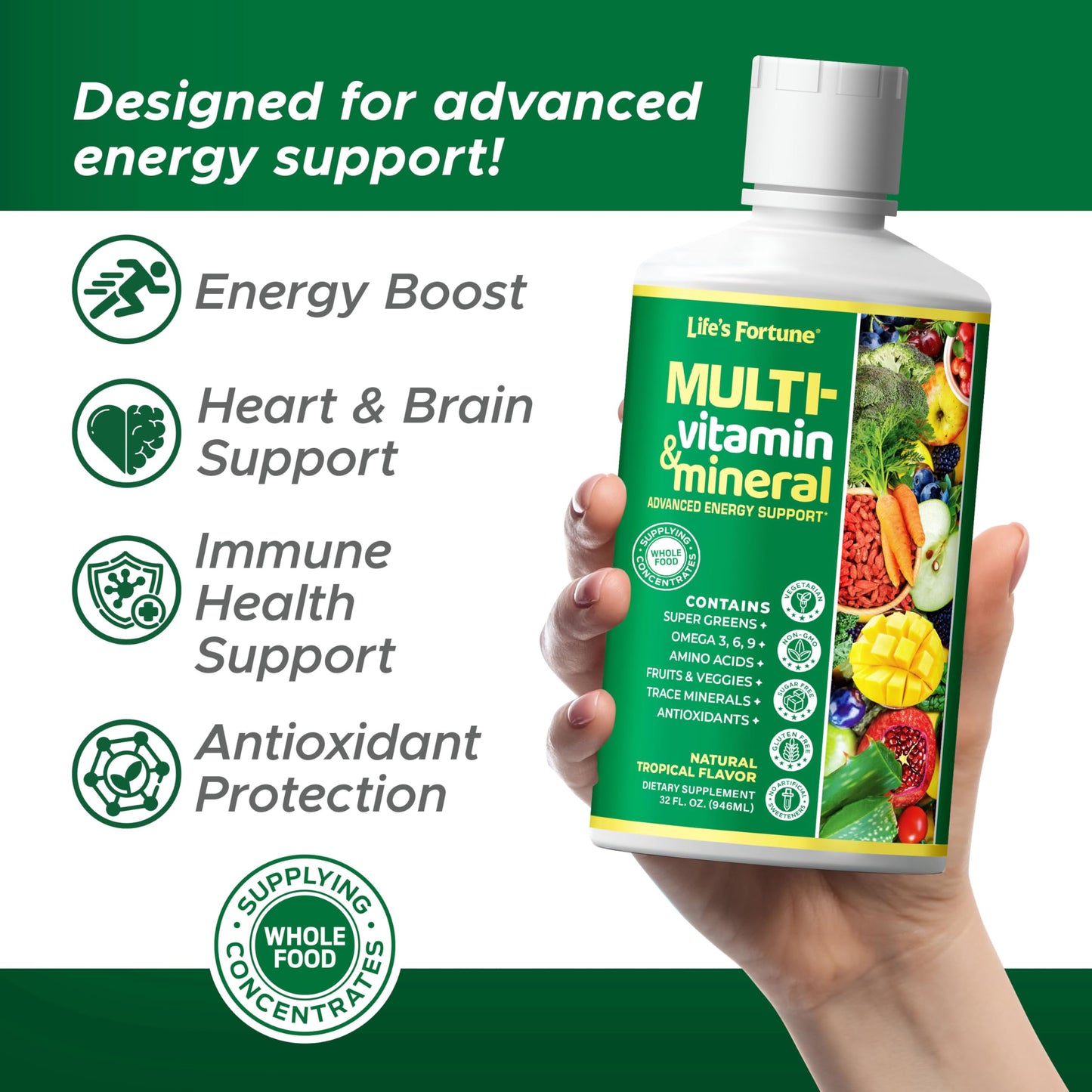 Life’s Fortune Liquid Multivitamin for Adults and Seniors – Fast Absorption Vitamins and Minerals with 90+ Nutrients for Energy and Immune Support – Easy to Digest, Sugar Free, Tropical Flavor, 32 oz