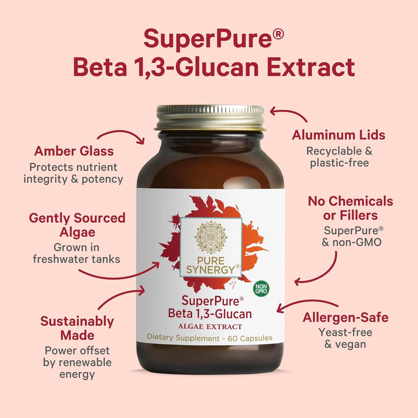 PURE SYNERGY SuperPure Beta 1,3-Glucan Extract | 500 mg Beta 1,3-Glucan Supplement from Algae | Yeast-Free, Non-GMO, Standardized Extract | Supports Immune Health & Digestion (60 Capsules)
