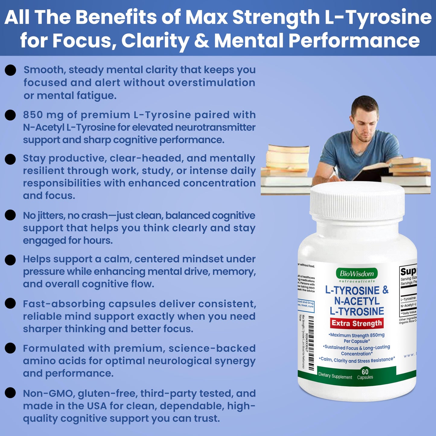 Max Strength L Tyrosine Supplement & N Acetyl L Tyrosine Peak Focus, Alertness, Concentration, Body & Mind Energy. L-Tyrosine 850mg Per 1 Capsule. A Well-Being Nutrient Boost For Performance BioWisdom Nutraceuticals buy supplements Au