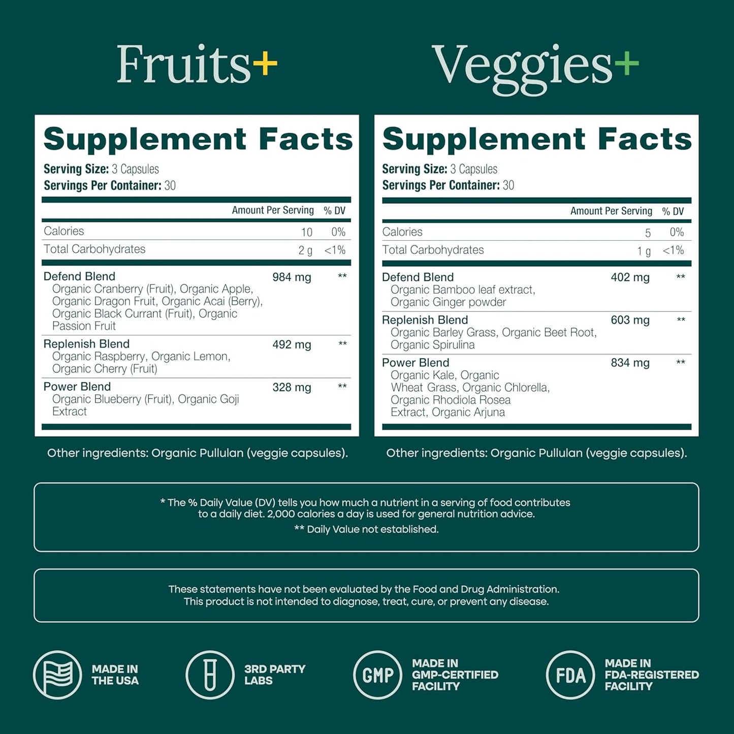 USDA Organic Fruits and Veggies Supplement, 31 Whole Foods, 180 Vegan Ct | Food berry & greens supplements blend for energy, immune & digestive support, vegan, non-GMO, gluten free, third-party tested