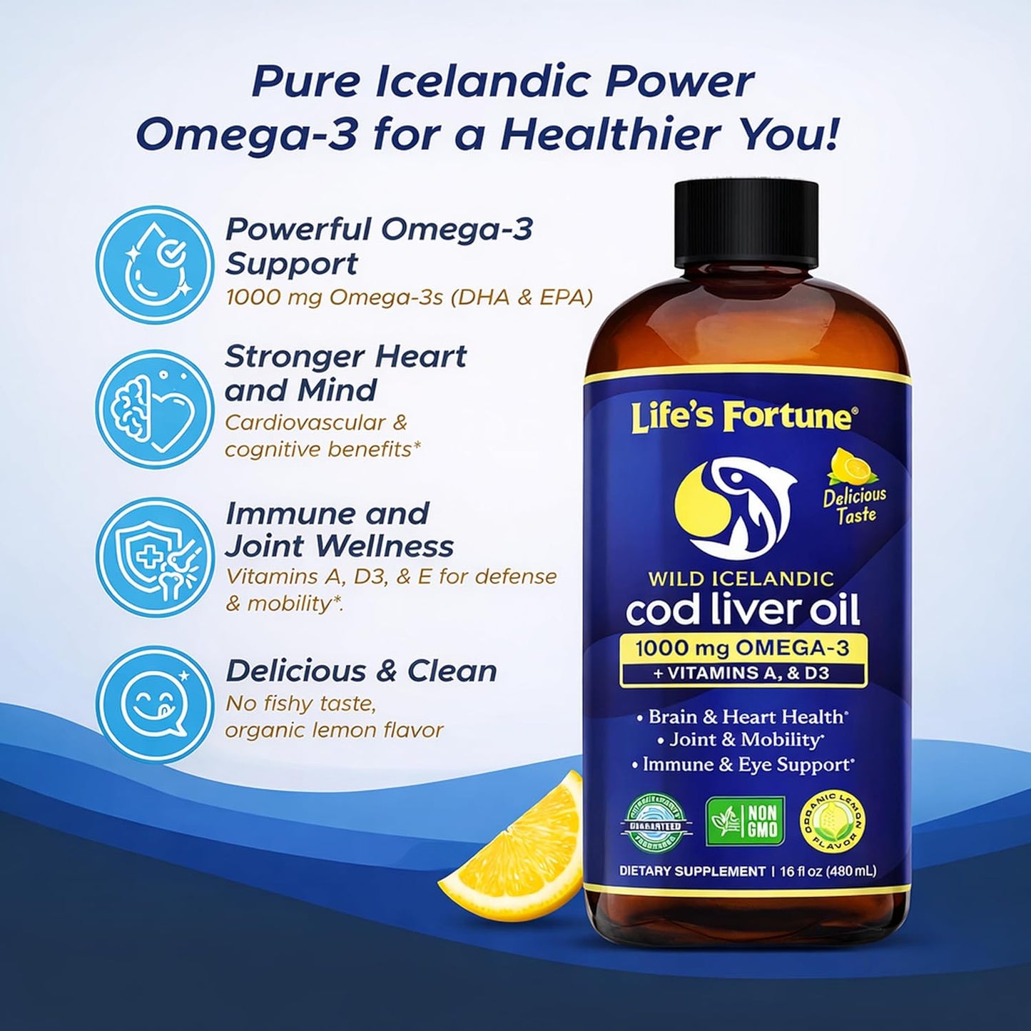 Life's Fortune Cod Liver Oil Liquid Lemon Flavor Organic Supplement with DHA, EPA 1000 mg High Potency Omega-3s + Vitamin A, E & D3 - Supports Immune, Joints, Eyes, 16 Fl Oz (Pack of 1)