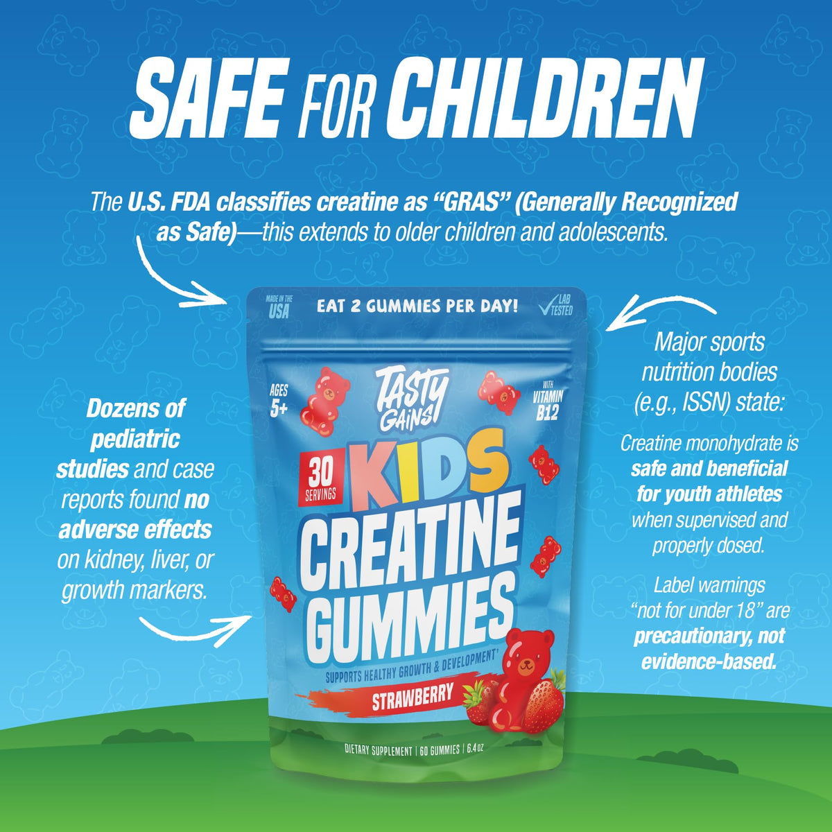 TASTY GAINS Kids & Teen Creatine Gummies with Vitamin B12 for Growth Support, Easy Chew Daily Supplement, Gummy Vitamins for Kids and Teens, Ages 5+ TASTY GAINS buy supplements Au