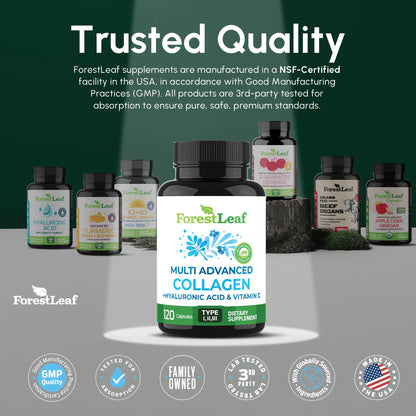 ForestLeaf Multi Collagen Pills with Hyaluronic Acid + Vitamin C | Hydrolyzed Collagen Supplements for Women or Men | Multi Collagen Capsules Peptides for Skin, Wrinkles, 120 Caps ForestLeaf buy supplements Au