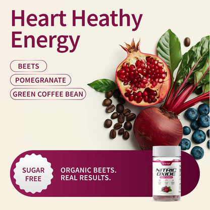 Snap Supplements Nitric Oxide Beet Root Gummies, Cherry, 60 Count (2-Pack) | Sugar Free, For Men & Women, Heart Health & Circulation, Organic Beetroot Extract, Natural Energy, B12, Beets Gummies