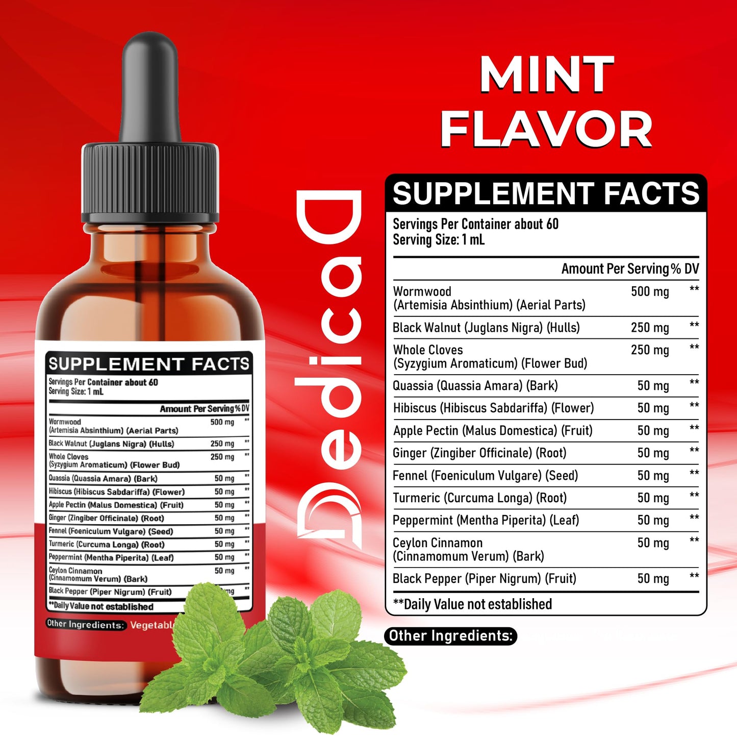 DEDICAD 12in1 Wormwood Liquid Drops Added Black Walnut, Whole Cloves and 9 More Herbs - 2 Fl Oz - 60 Days Supply - Mint Flavor DEDICAD buy supplements Au