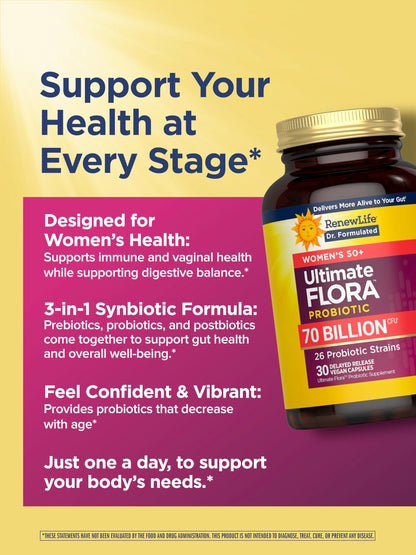 Renew Life Ultimate Flora Probiotics for Women 50+ 70 Billion CFU Delayed Release Vegan Capsules | Vaginal | Digestive Health | Immune Health | Dairy Free | 30 Count Renew Life buy supplements Au