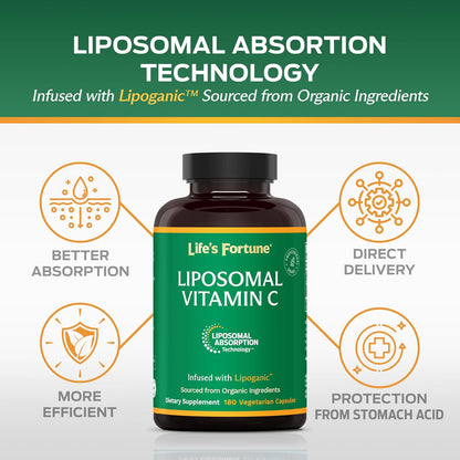 Life's Fortune Liposomal Vitamin C 2100 mg, Fast Acting Absorption, Higher Bioavailability Supporting Immune System, High Antioxidant Supplement Formula – Collagen Booster – 180 Capsules