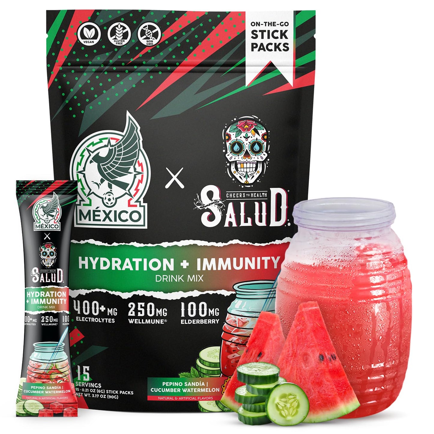 Salud 2-in-1 Hydration + Immunity Drink Mix, Cucumber Lime | Electrolytes Powder, Agua Fresca, Elderberry, Dairy & Soy Free, Non-GMO, Gluten Free, Vegan, 1g Sugar (15 Servings)