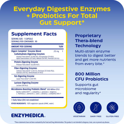 Enzymedica Digest Complete + Probiotics - Digestive Enzyme Supplement for Women & Men, Enzyme and Probiotic Capsules for Digestion, Gut Health Support, Helps Gas & Bloating, Vegetarian - 90 Caps
