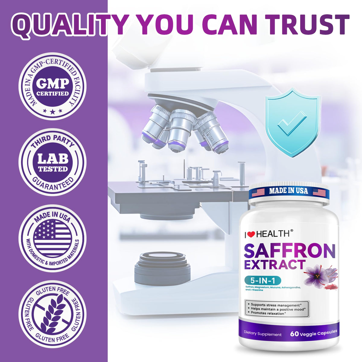 I LOVE HEALTH Saffron Supplement – 88.5mg with Magnesium Glycinate, Ashwagandha & L-Theanine for Stress Relief, Calm Mood & Emotional Balance – Made in USA – 60 Capsules