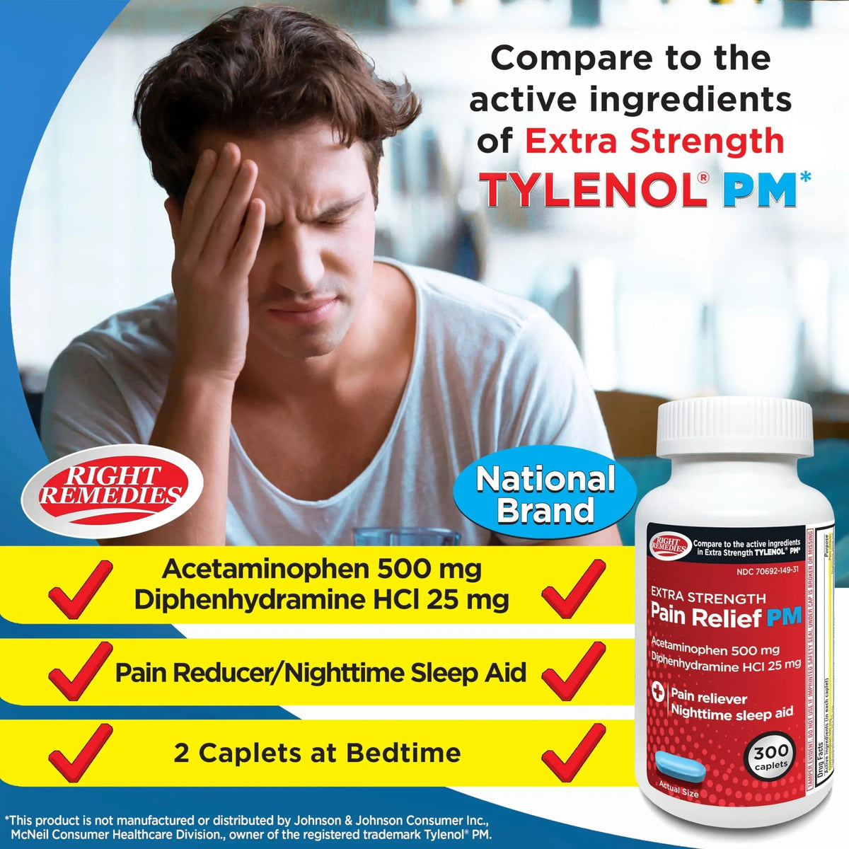 Right Remedies Extra Strength Pain Relief PM & Nighttime Sleep Aid Caplets,(300 count), Acetaminophen 500 mg & Diphenhydramine HCl 25 mg, Non-Habit Forming, Compare to Active ingredients of Tylenol PM RIGHT REMEDIESBuy Supplements Australia