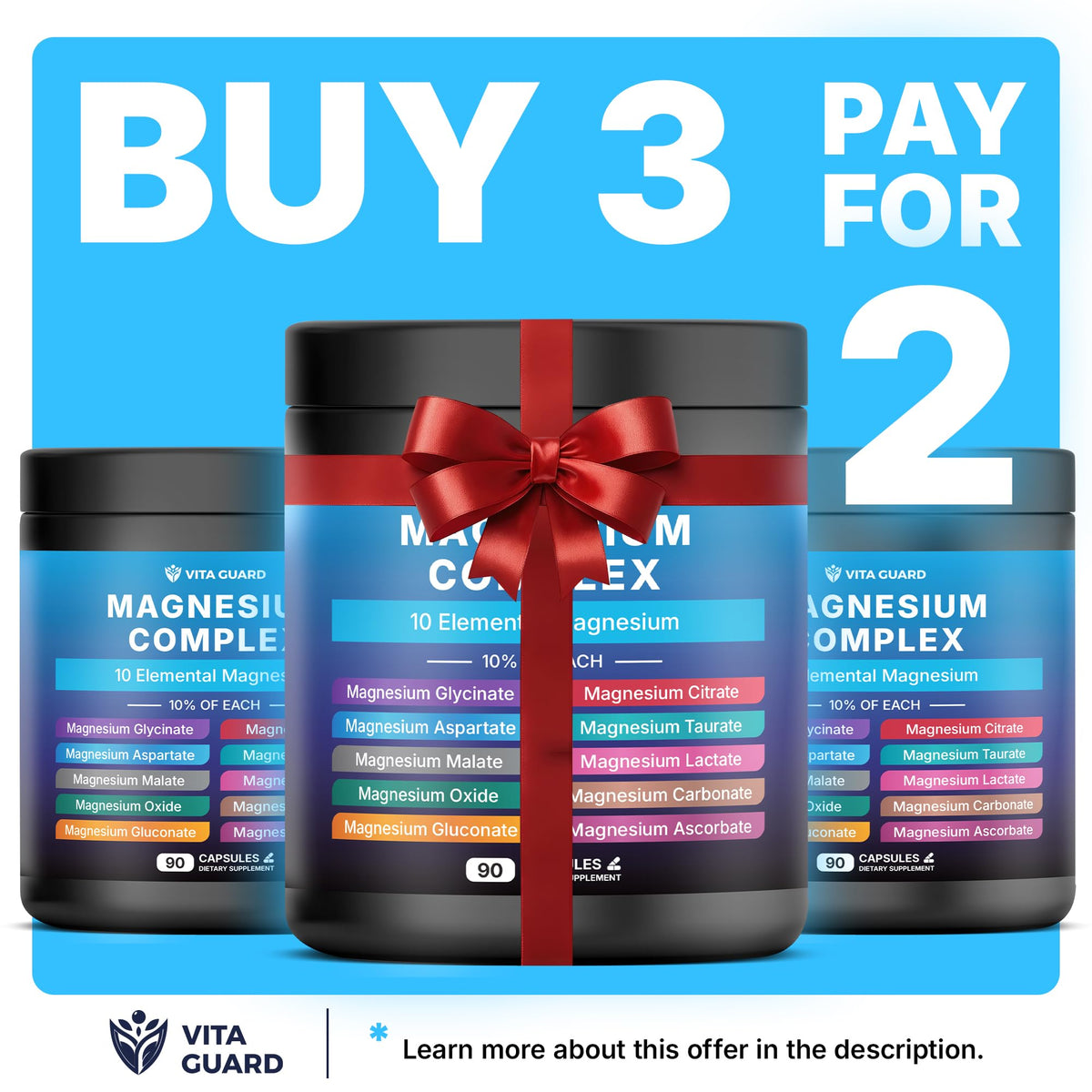 Vita Guard Magnesium Complex 1480mg – 10-in-1 with Glycinate, Citrate, Malate & More – High Absorption – Sleep, Muscle, Nerve & Heart Support – 90 Vegan Capsules – Non-GMO, Gluten-Free, No Sugar Vita Guard buy supplements Au