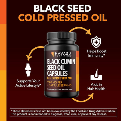 Black Seed Oil Capsules, Vegan, Non-GMO, Cold-Pressed Nigella Sativa, 90ct | 1500mg Per Serving Black Cumin Supplement for Skin Health, Immune Function, and Digestive Health, Unflavored, 30 Servings