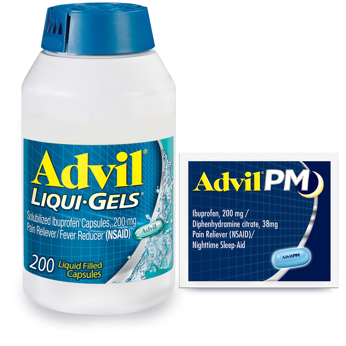 Advil Liqui-Gels Pain Reliever and Fever Reducer, Pain Medicine for Adults with Ibuprofen 200mg for Headache, Backache, Menstrual Pain and Joint Pain Relief - 200 Capsules, Advil PM Ibuprofen - 2 Ct Advil buy supplements Au