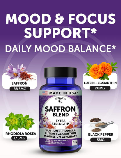 Lunakai USA Made Saffron+ Supplement for Adults, 88.5mg, 60 Day Supply | Non-GMO 8-in-1 Formula Saffron Extract Capsules | Daily Mood & Energy Support for Men & Women
