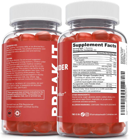 Dr. Tobias Apple Cider Vinegar Gummies with The Mother 60 Count | Digestive & Daily Wellness Support | 500 mg ACV | Folate + B6 + B12 + Iodine | Vegan | 30 Servings