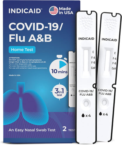 INDICAID COVID-19/Flu A&B 3-in-1 Antigen Test, Covid Flu Test Combo Kit, Accurate Results in 10 Minutes, Made in USA, 2 Tests Easy to Use at Home, School, Working Place, FSA/HSA Eligible | Covid Flu Home Test,