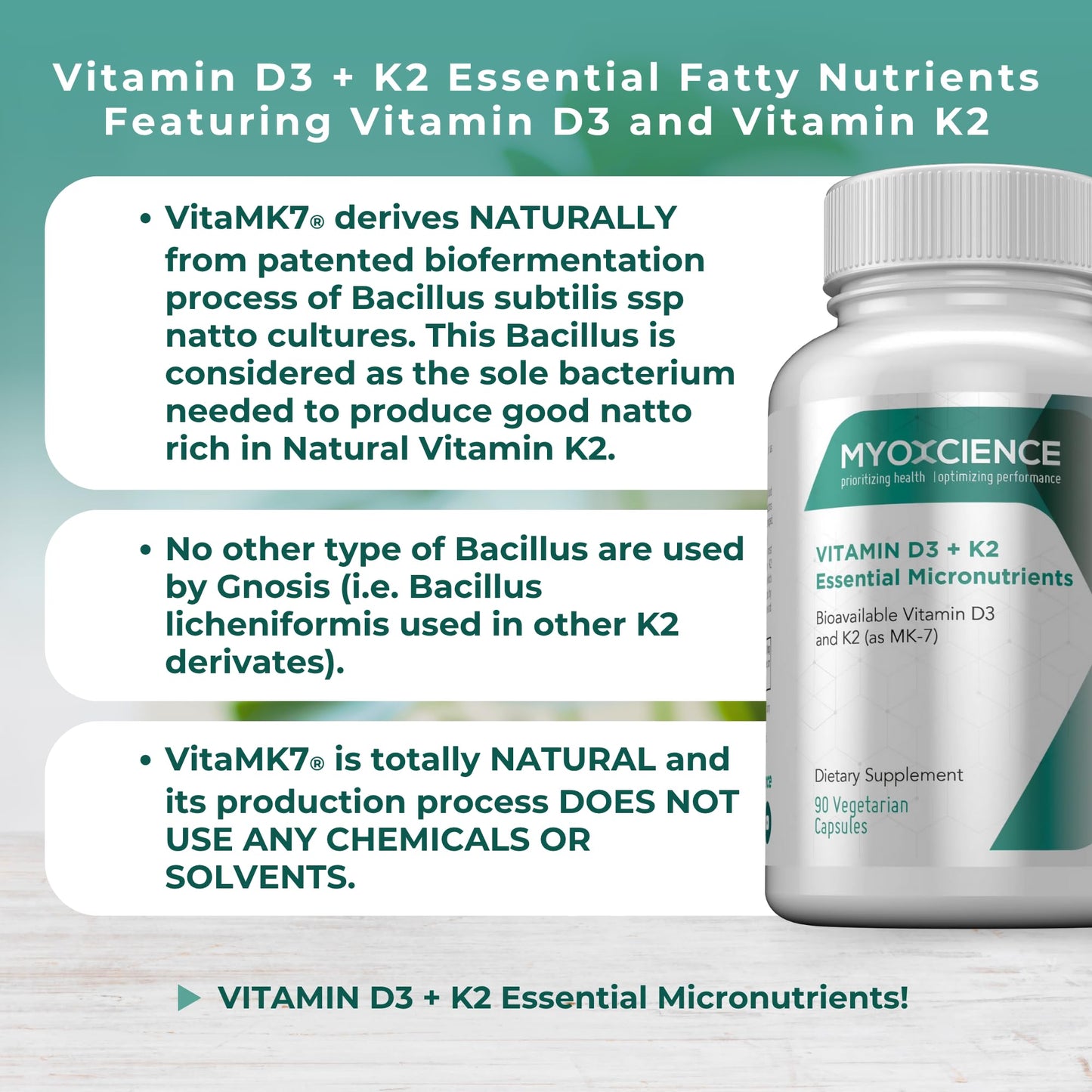 MYOXCIENCE Vitamin D3 + K2 Essential Micronutrients | Vitamin D3 5,000 IU | Vitamin K2 as MK-7 90 mcg (90 Vegetarian Capsules) MYOXCIENCE buy supplements Au