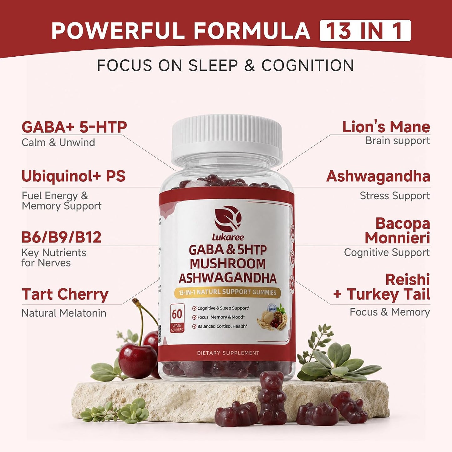 GABA & Mushroom Gummies Supplement for Sleep & Brain Support,Extra Strength | Plus Mushroom Complex, 5‑HTP & Tart Cherry, No Melatonin for Natural Sleep, Berry Flavor-Sugar Free, 60 Gummies