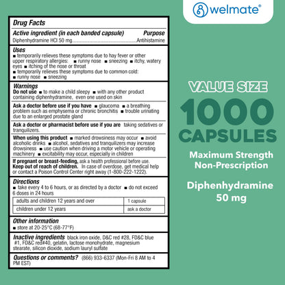 WELMATE Allergy Relief - Diphenhydramine 50 mg - 1000 Count Capsules - Antihistamine - Allergy & Cold Symptoms - Sneezing, Runny Nose, Itchy Eyes & Throat WELMATE buy supplements Au