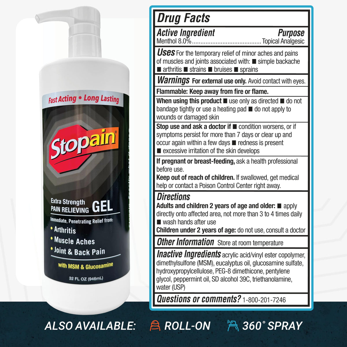 Stopain Pain Relief Gel 32oz, USA Made, Max Strength Fast Acting with Menthol, MSM, Glucosamine for Joint Pain, Back Pain, Arthritis, Knee, Neck Pain, HSA FSA Approved OTC Topical Analgesic Product StopainBuy Supplements Australia