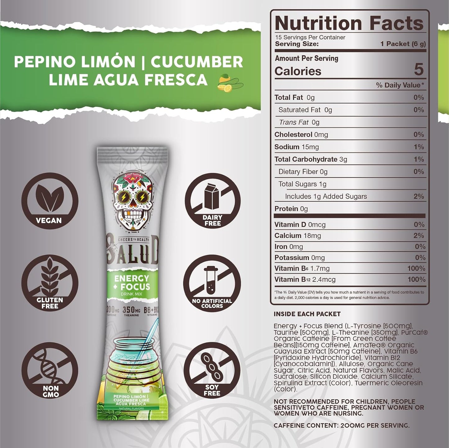 Salud 2-Pack | 2-in-1 Hydration + Immunity (Tamarindo) & Energy + Focus (Cucumber Lime) – 15 Servings Each, Agua Fresca Drink Mix, Non-GMO, Gluten Free, Vegan, Low Calorie, 1g of Sugar
