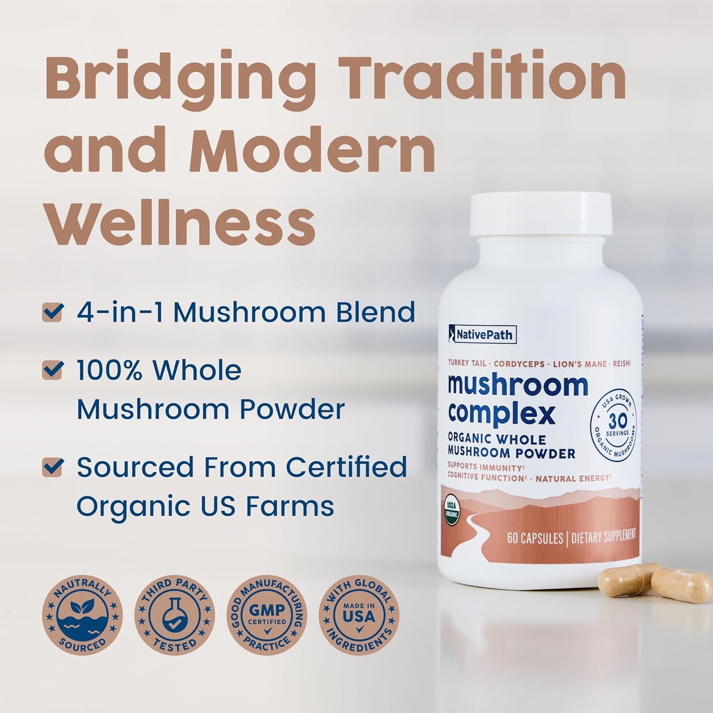 NativePath Mushroom Complex, Organic, Lion's Mane & Cordyceps, 60 Count | Turkey Tail, Reishi & Beta-Glucans, Supports Immune, Focus & Energy, Vegan, Nootropic Blend