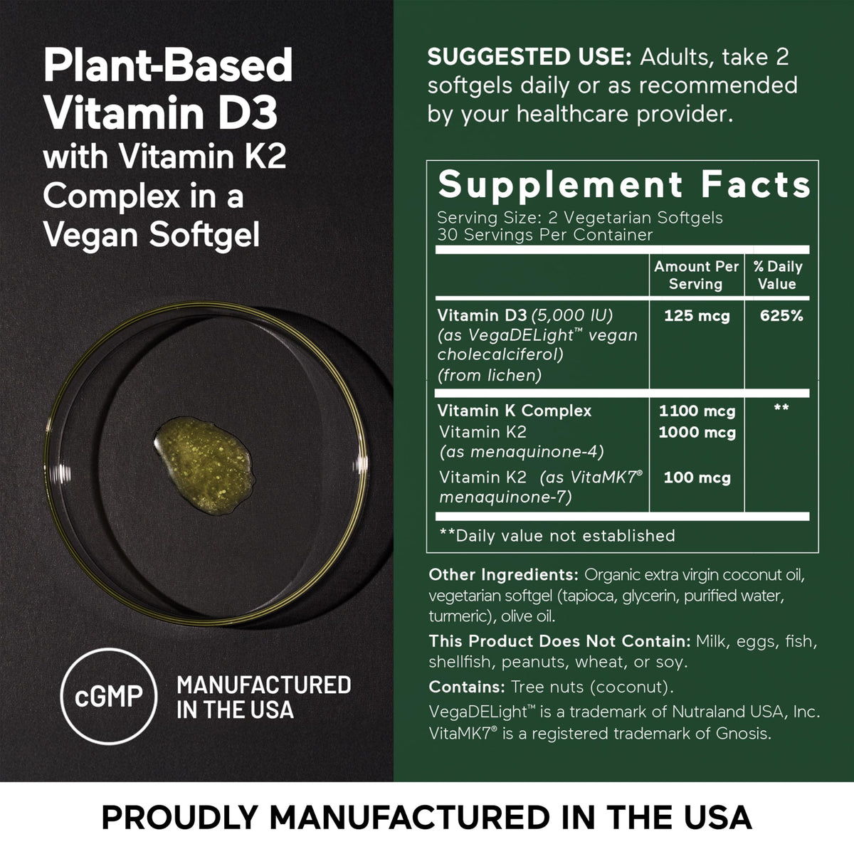 SMARTERNUTRITION Vegan Vitamin D3 5000 IU + Natural Vitamin K2 1100 mcg in Organic Coconut & Olive Oil - D3 K2 Supplement for Immune & Bone Support